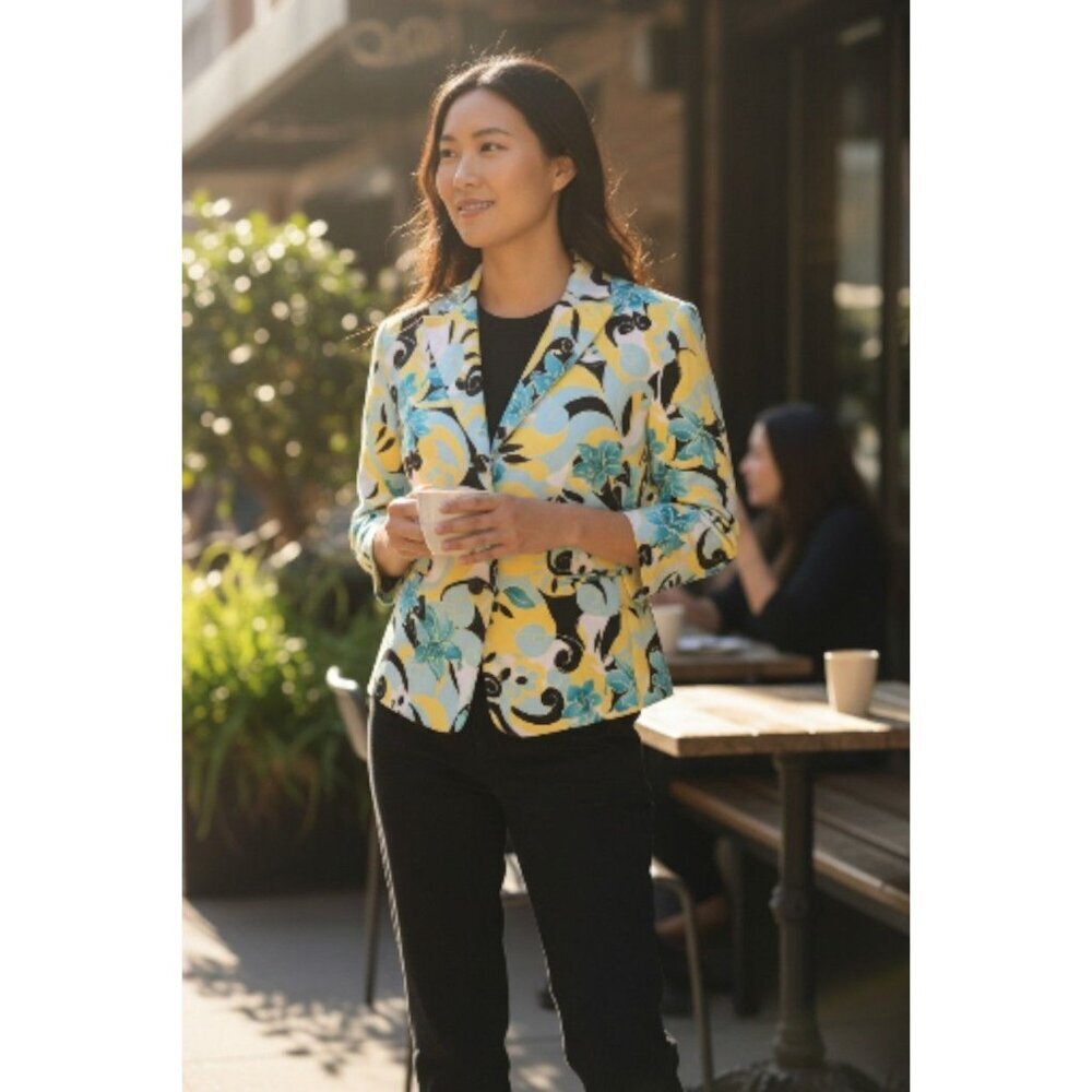 Tahari Arthur S. Levine Vintage Floral Blazer 12P Blue Yellow Botanical Cotton - Picture 2 of 16